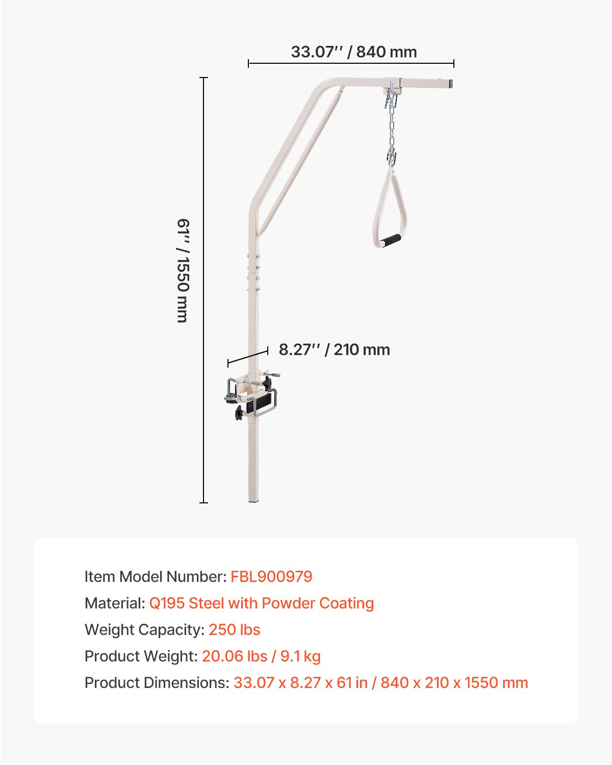 VEVOR Bettgalgen 840x210x1550 mm, Bettaufrichter mit Klemmen & Metallkette, bis 113 kg, Aufstehhilfe für ältere & bettlägerige Menschen, ideal für häusliche Pflege, Krankenhäuser, Pflegeheime