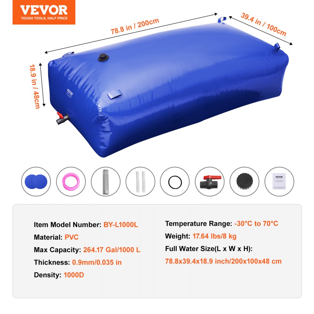 VEVOR 1000L/264 Gallon Water Storage Bladder, RV Water Tank, 1000D Blue PVC, Collapsible Water Storage Container, Large Capacity, Soft Water Bag, Portable Water Bladder, Fireproof, Camping