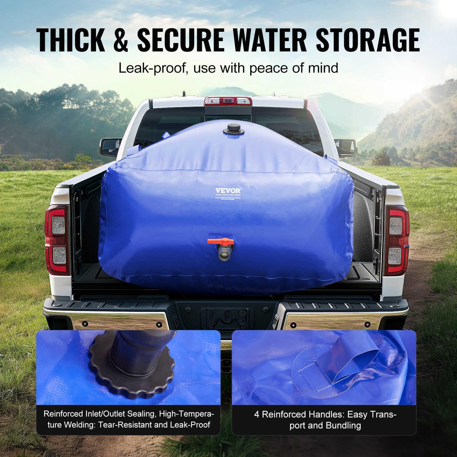 VEVOR 1000L/264 Gallon Water Storage Bladder, RV Water Tank, 1000D Blue PVC, Collapsible Water Storage Container, Large Capacity, Soft Water Bag, Portable Water Bladder, Fireproof, Camping