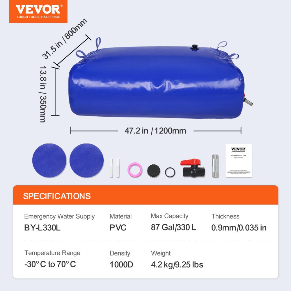 VEVOR 330L/87 Gallon Water Storage Bladder, RV Water Tank, 1000D Blue PVC, Collapsible Water Storage Container, Large Capacity Soft Water Bag, Portable Water Tank, Fireproof, Camping