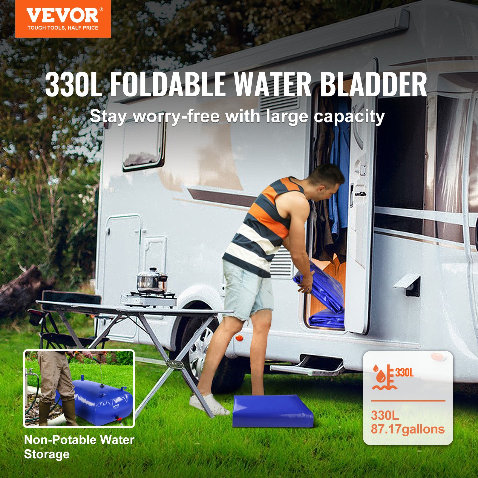 VEVOR 330L/87 Gallon Water Storage Bladder, RV Water Tank, 1000D Blue PVC, Collapsible Water Storage Container, Large Capacity Soft Water Bag, Portable Water Tank, Fireproof, Camping