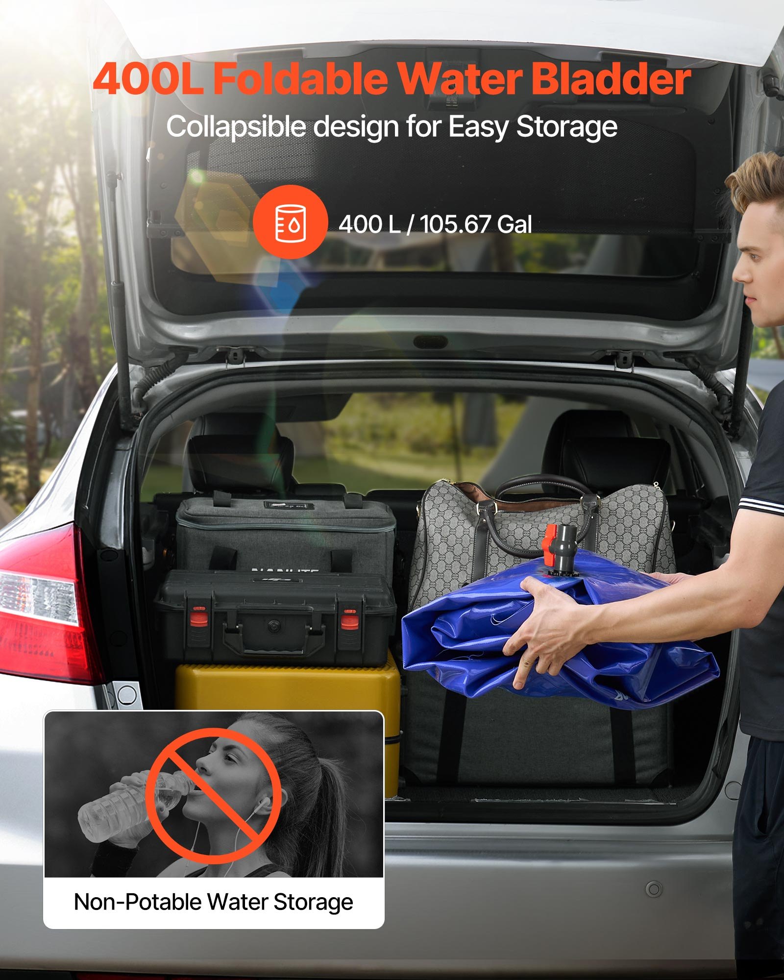 VEVOR Wasserblasen Aufbewahrungsbehälter, 400L Wassertank, 1000D PVC verdickter Wasserbeutel, 0,9mm Wassersack zusammenklappbar, für Gartenbewässerung, Camping, Wohnmobile, Notfallgebrauch –Blau