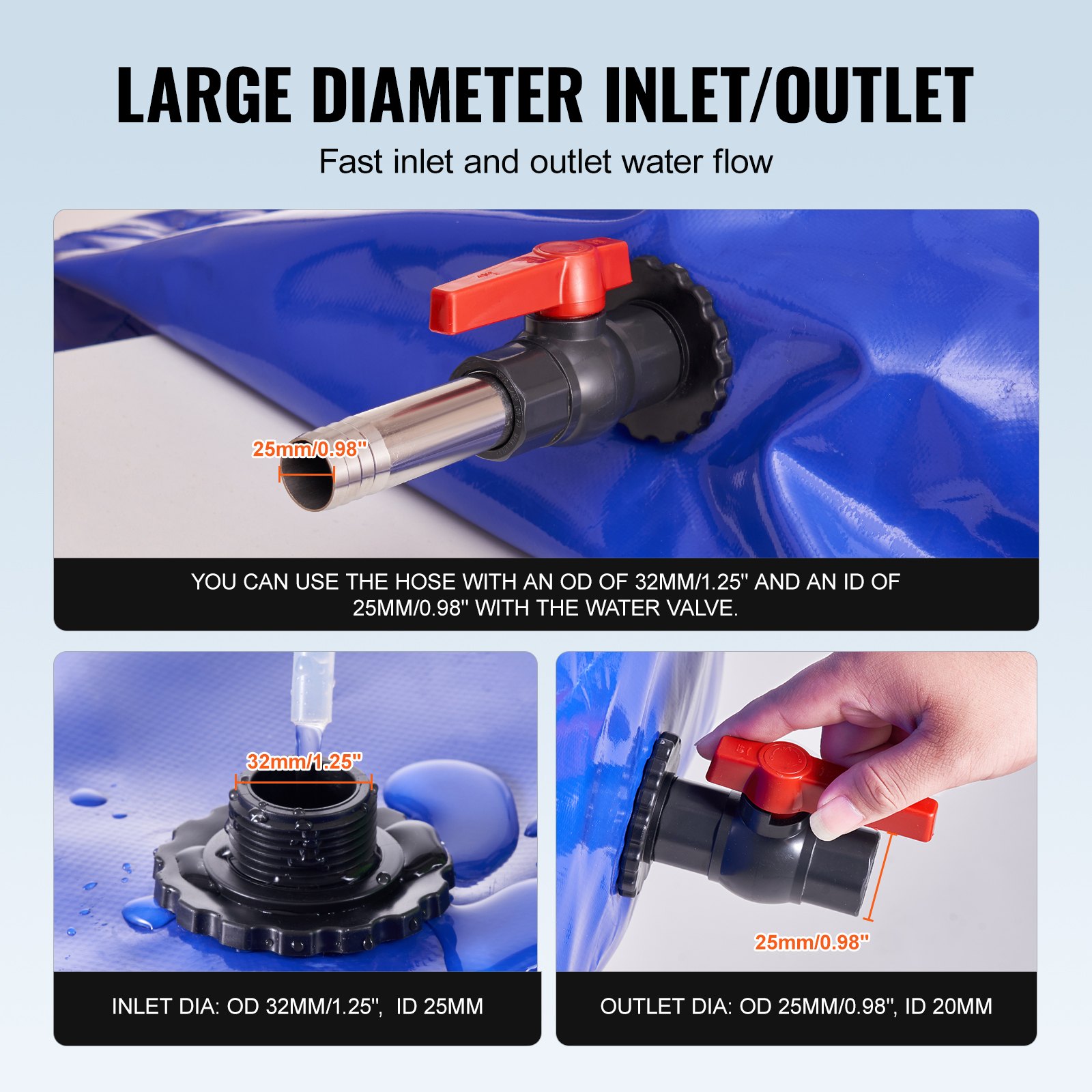 VEVOR 400L/105,7 Gallonen Wasserspeicherblase, Wohnmobil-Wassertank, 1000D blaues PVC, zusammenklappbare Wasserspeicherbehälter, weicher Wasserbeutel mit großer Kapazität, tragbarer Wasserbehälter, Brandschutz, Camping