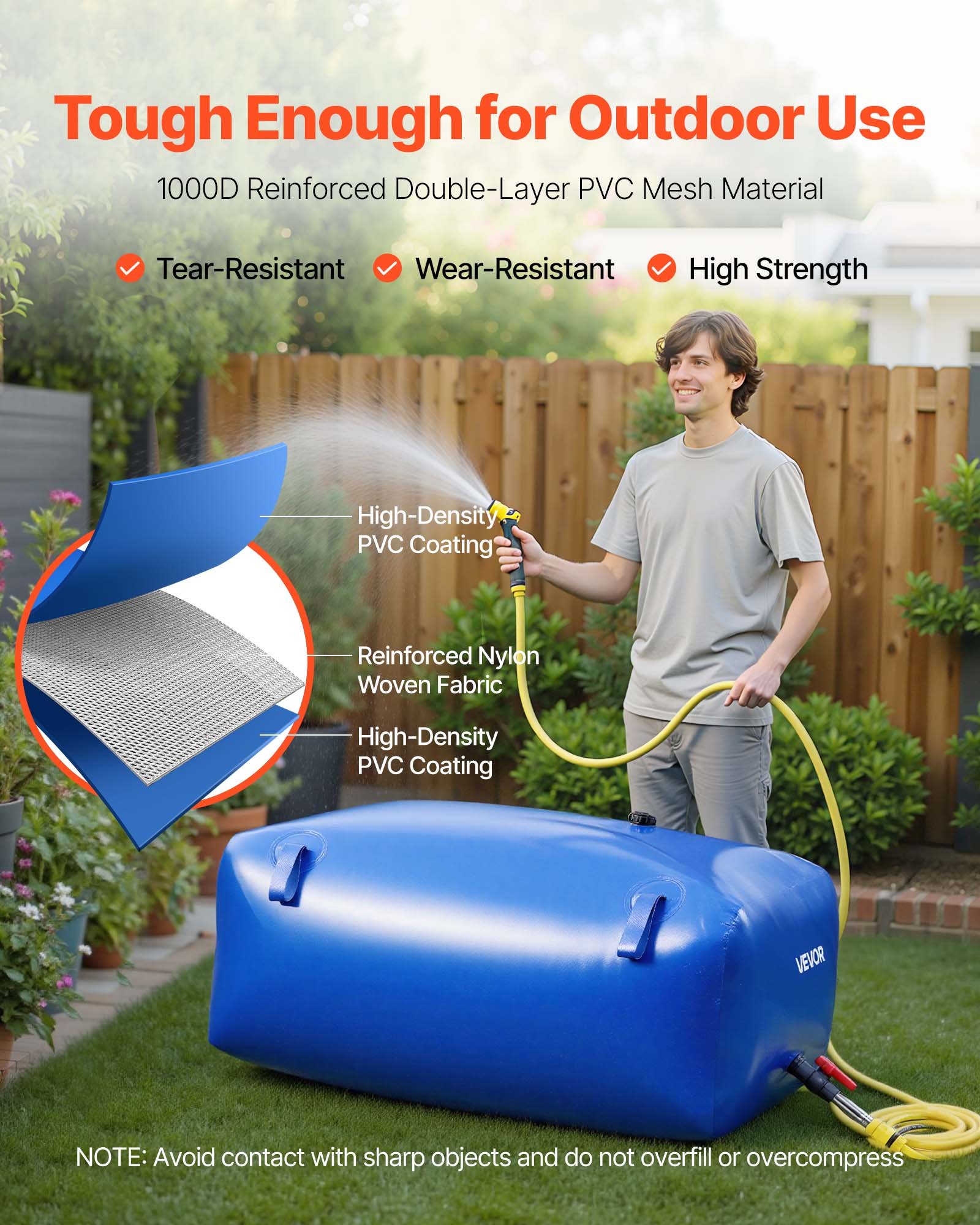 VEVOR Water Storage Bladder, 540L Portable & Collapsible Water Storage Bag, Wear-Resistant 1000D PVC Soft Waters Bag, Leakproof Camping Tank Containers for Garden Irrigation RV Emergency Use, Blue