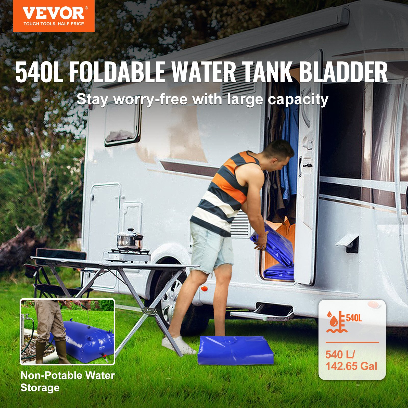 VEVOR 540L/142.7 Gallon Water Storage Bladder, RV Water Tank, 1000D Blue PVC, Collapsible Water Storage Container, Large Capacity Soft Water Bag, Portable Water Tank, Fireproof, Camping