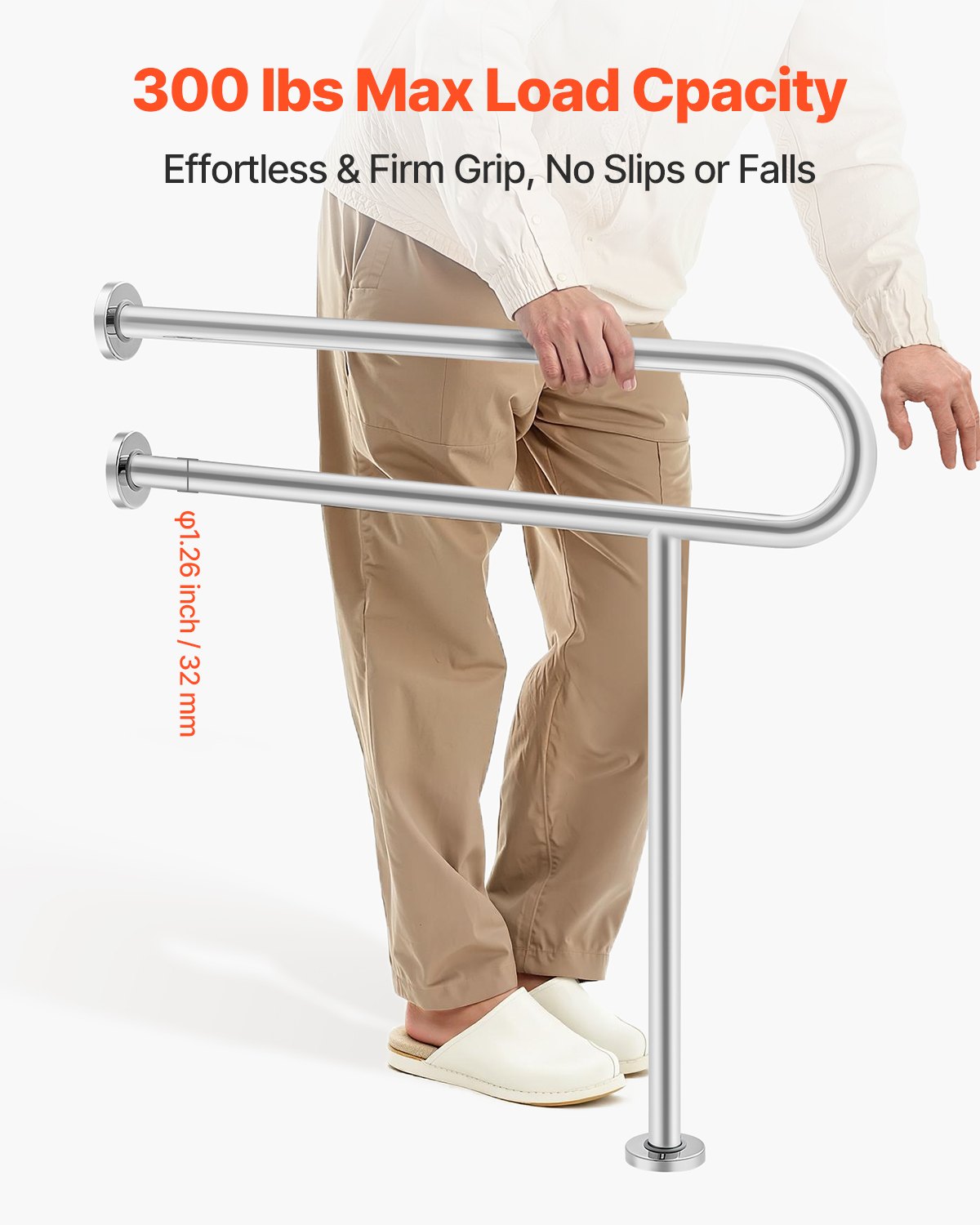 VEVOR Toilet Stand-Up Aid, 780x76x800 mm, Wall-Mounted Support Grab Bar for the Disabled, Stainless Steel 304 Handicap Grab Bar, with Anti-Slip Grip, Safety Handrail with Support Leg & Load Capacity 136 kg