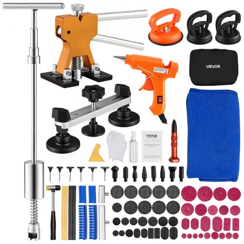 VEVOR Dellenzieher Set (100 Stk.) zur lackfreien Dellenentfernung mit goldenem Heber, Brückenzieher, Gleithammer, T-Stange, Klebepistole, Beulen Reparaturset Dellen Reparaturset Ausbeulreparatur
