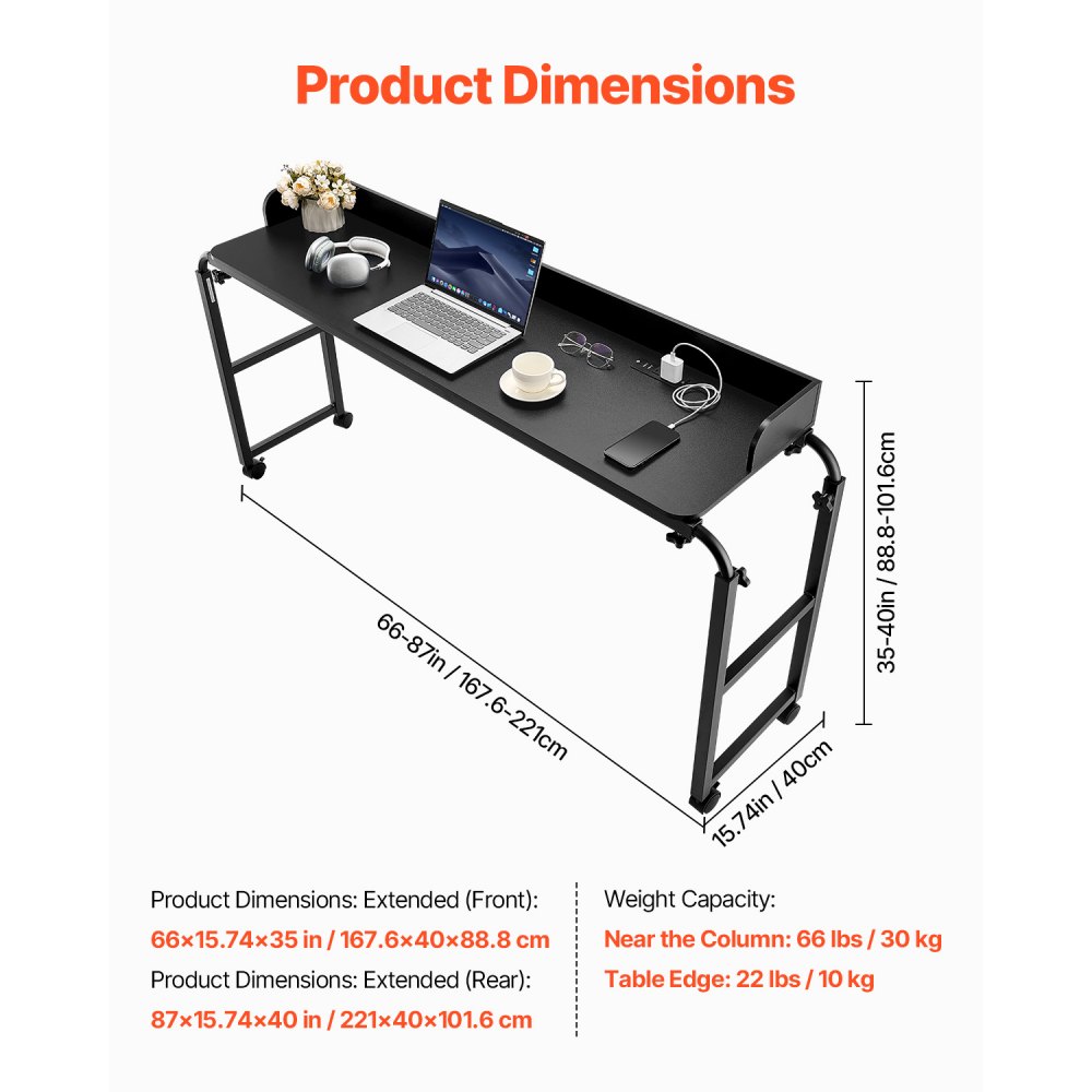 VEVOR Overbed Table, Mobile Bed Table with 4 Wheels (2 with Brakes) and Power Outlet, Height-Adjustable Laptop Rolling Table, Portable Chipboard Overbed Table for Home, Office, Study, Black
