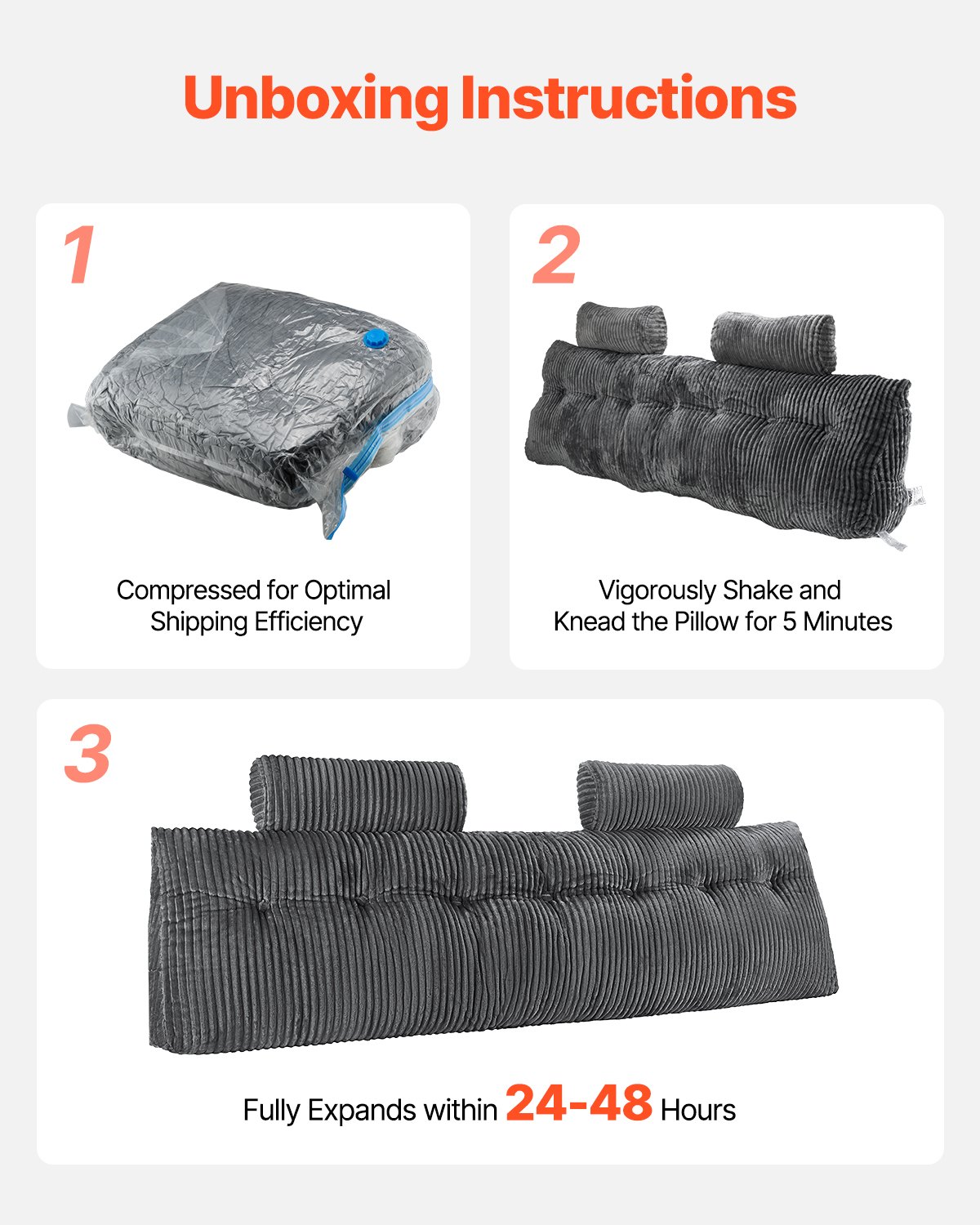 VEVOR Kopfteilkissen Keilkopfteilkissen Keilkissen (King Size) mit 2 Seitentaschen & 2 Kopfstützen, Bettkeilkissen mit waschbarem Flanelltuch, zum Lesen Spielen Arbeiten Grau (1920 x 205 x 530 mm)