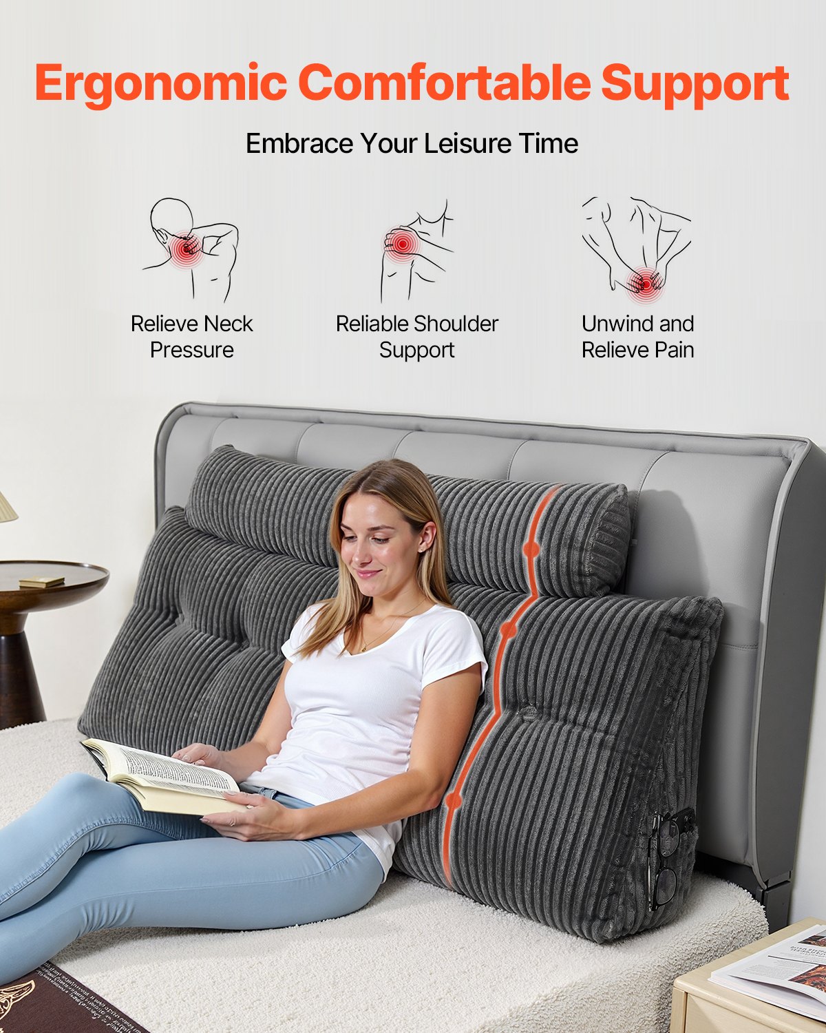 VEVOR Kopfteilkissen Keilkopfteilkissen Keilkissen (Queen Size) mit 2 Seitentaschen & 2 Kopfstützen, Bettkeilkissen mit waschbarem Flanelltuch, zum Lesen Spielen Arbeiten Grau (1510 x 205 x 530 mm)