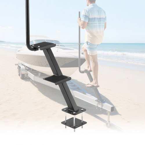 VEVOR Bootsanhänger-Stufe 2-stufig, Kohlenstoffstahl-Bootsanhängertreppe mit Griff & Rutschfester Oberfläche & 55°-Installationsneigungswinkel, Paasend für 3x3/3x5/4x4 Zoll Rahmen, Bodenmontage