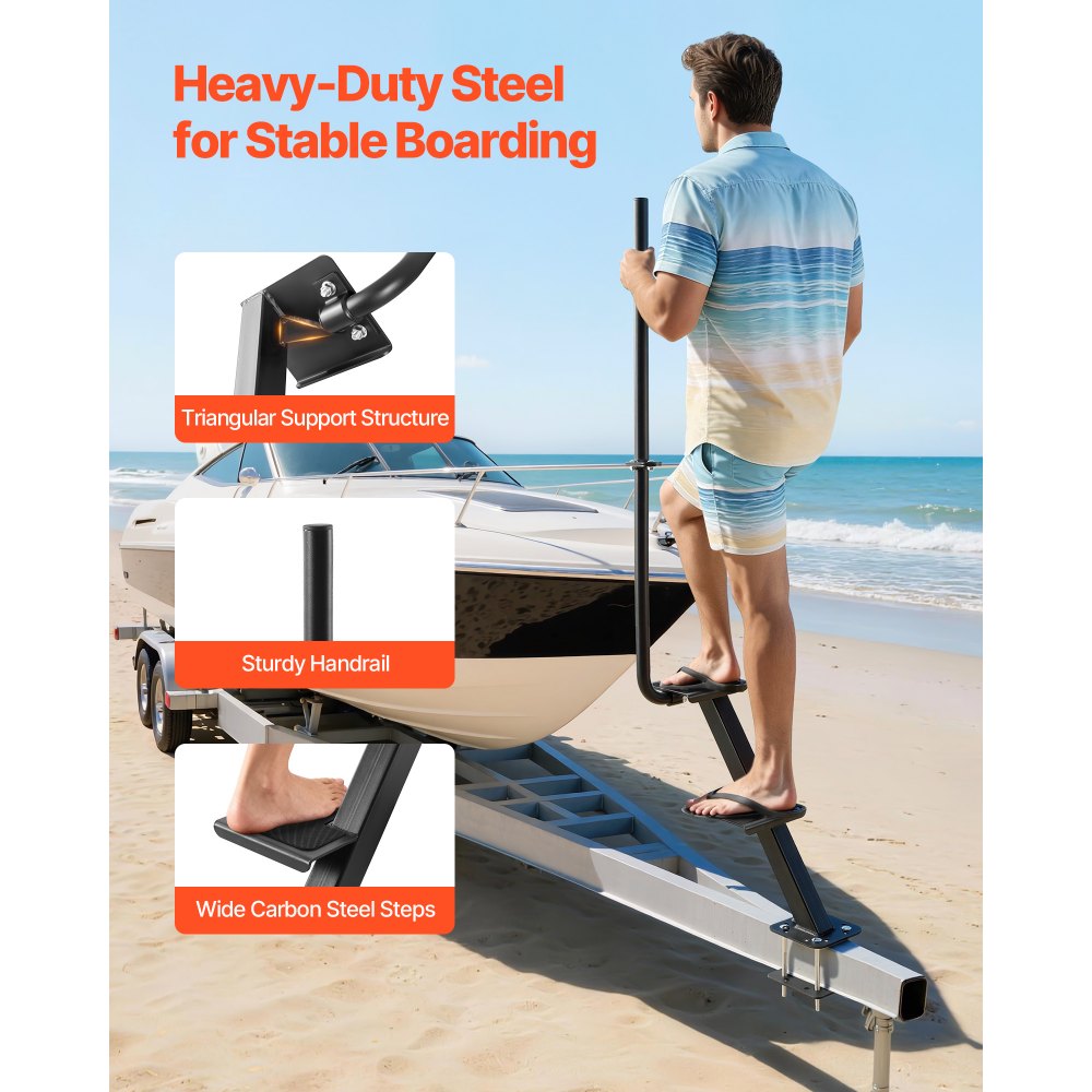 VEVOR Boat Trailer Steps, 2-Step, Heavy-Duty Boat Trailer Steps with Handle, Non-Slip Surface, 3 Mounting Angle Options, Steel Ladder for 76.2 x 76.2/76.2 x 127/101.6 x 101.6 mm Frame, Bottom Mounting