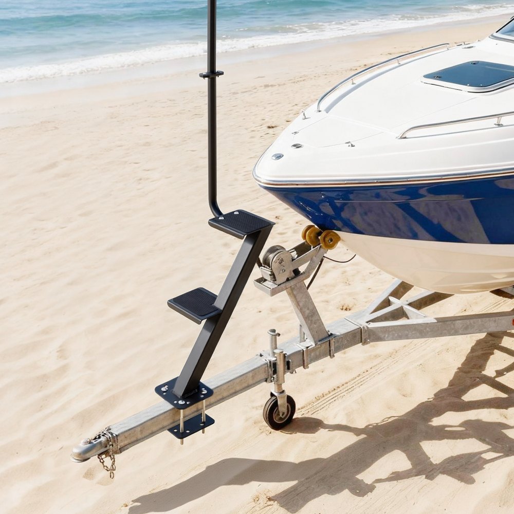 VEVOR Boat Trailer Steps, 2-Step, Heavy-Duty Boat Trailer Steps with Handle, Non-Slip Surface, 3 Mounting Angle Options, Steel Ladder for 76.2 x 76.2/76.2 x 127/101.6 x 101.6 mm Frame, Bottom Mounting
