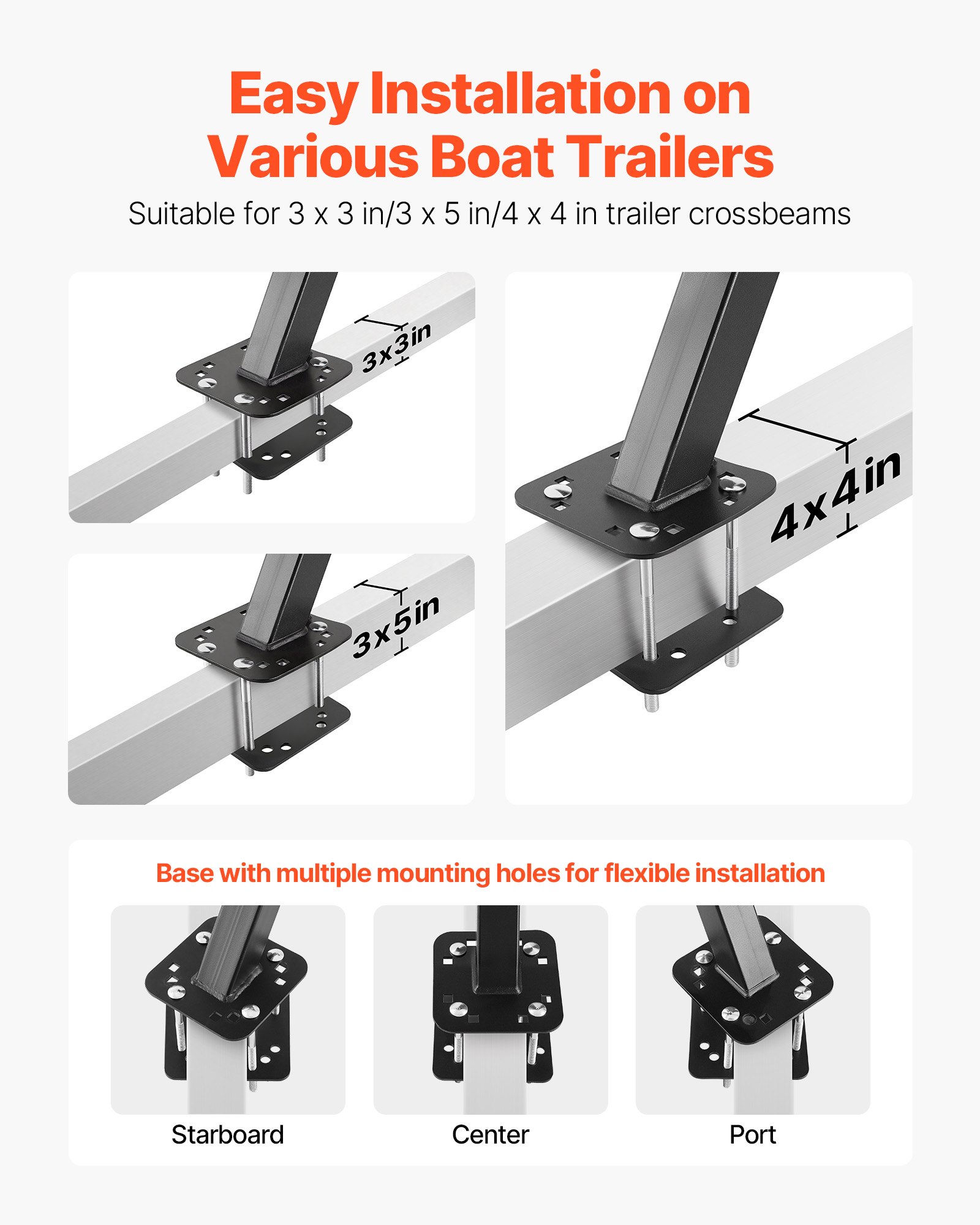 VEVOR Boat Trailer Steps, 2-Step, Heavy-Duty Boat Trailer Steps with Handle, Non-Slip Surface, 3 Mounting Angle Options, Steel Ladder for 76.2 x 76.2/76.2 x 127/101.6 x 101.6 mm Frame, Bottom Mounting