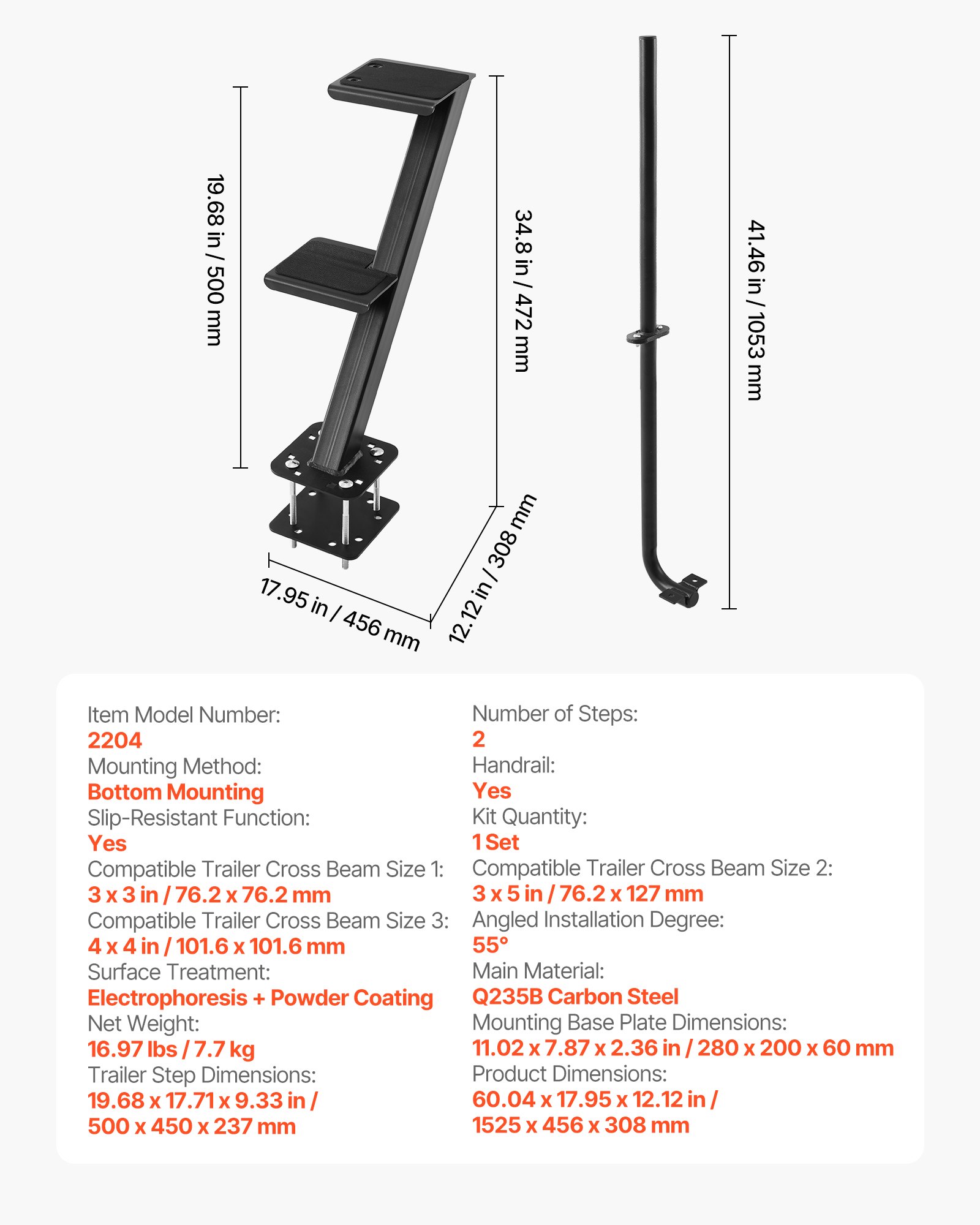 VEVOR Boat Trailer Steps, 2-Step, Heavy-Duty Boat Trailer Steps with Handle, Non-Slip Surface, 3 Mounting Angle Options, Steel Ladder for 76.2 x 76.2/76.2 x 127/101.6 x 101.6 mm Frame, Bottom Mounting