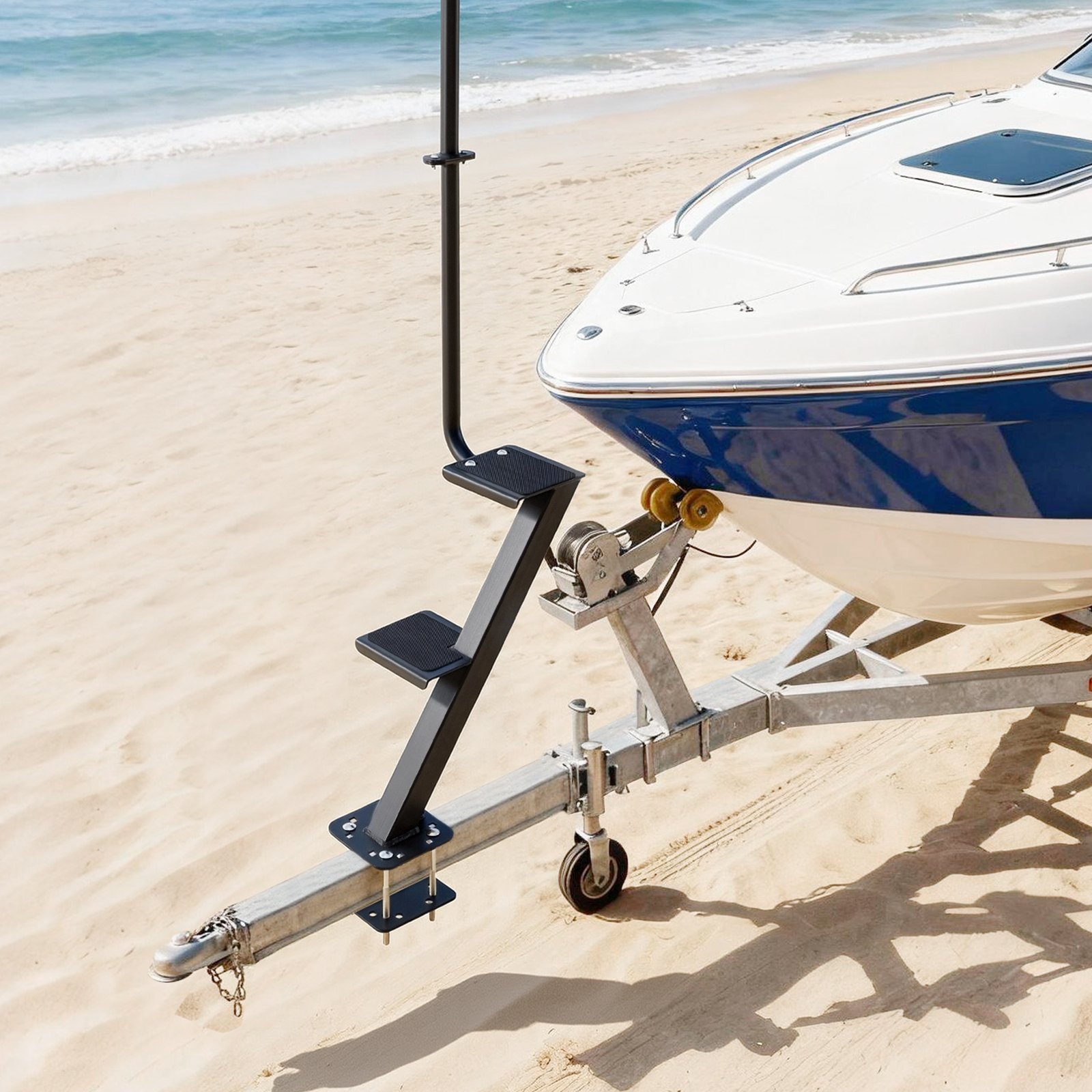 VEVOR Boat Trailer Steps, 2-Step, Heavy-Duty Boat Trailer Steps with Handle, Non-Slip Surface, 3 Mounting Angle Options, Steel Ladder for 76.2 x 76.2/76.2 x 127/101.6 x 101.6 mm Frame, Bottom Mounting