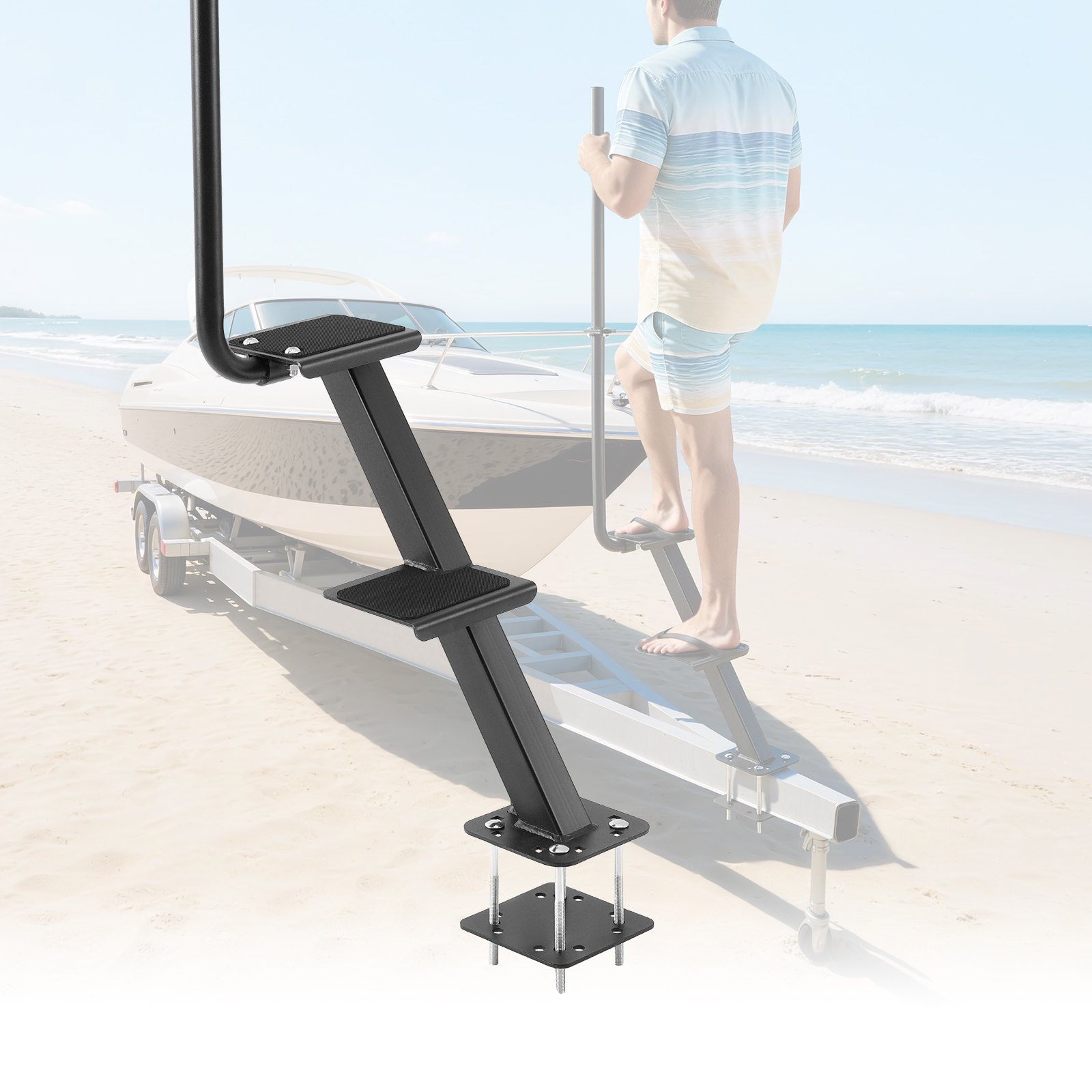 VEVOR Boat Trailer Steps, 2-Step, Heavy-Duty Boat Trailer Steps with Handle, Non-Slip Surface, 3 Mounting Angle Options, Steel Ladder for 76.2 x 76.2/76.2 x 127/101.6 x 101.6 mm Frame, Bottom Mounting