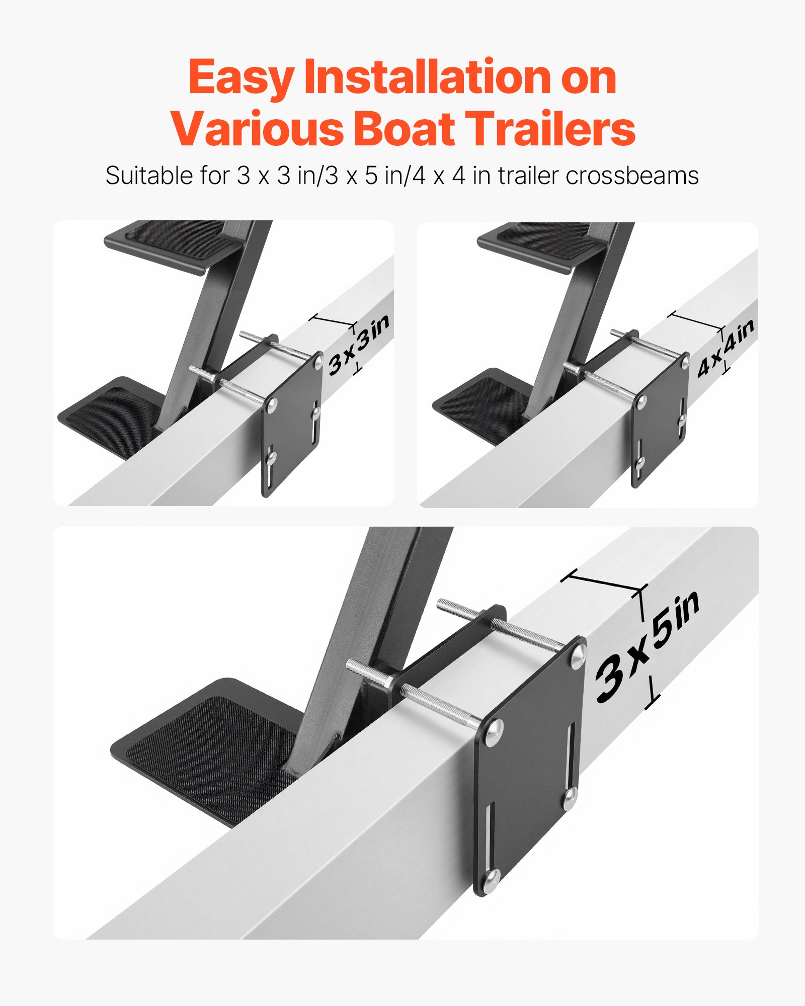 VEVOR Boat Trailer Steps, 3-Step, Heavy-Duty Boat Trailer Steps with Handle, Non-Slip Surface, 3 Mounting Angle Options, Steel Ladder for 76.2 x 76.2/76.2 x 127/101.6 x 101.6 mm Frame, Side Mounting