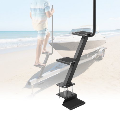 VEVOR Bootsanhänger-Stufe 3-stufig, Bootsanhängertreppe aus Kohlenstoffstahl mit Griff & Rutschfester Oberfläche & 55°-Installationsneigungswinkel, Geeignet für 3x3/3x5/4x4 Zoll Rahmen, Bodenmontage
