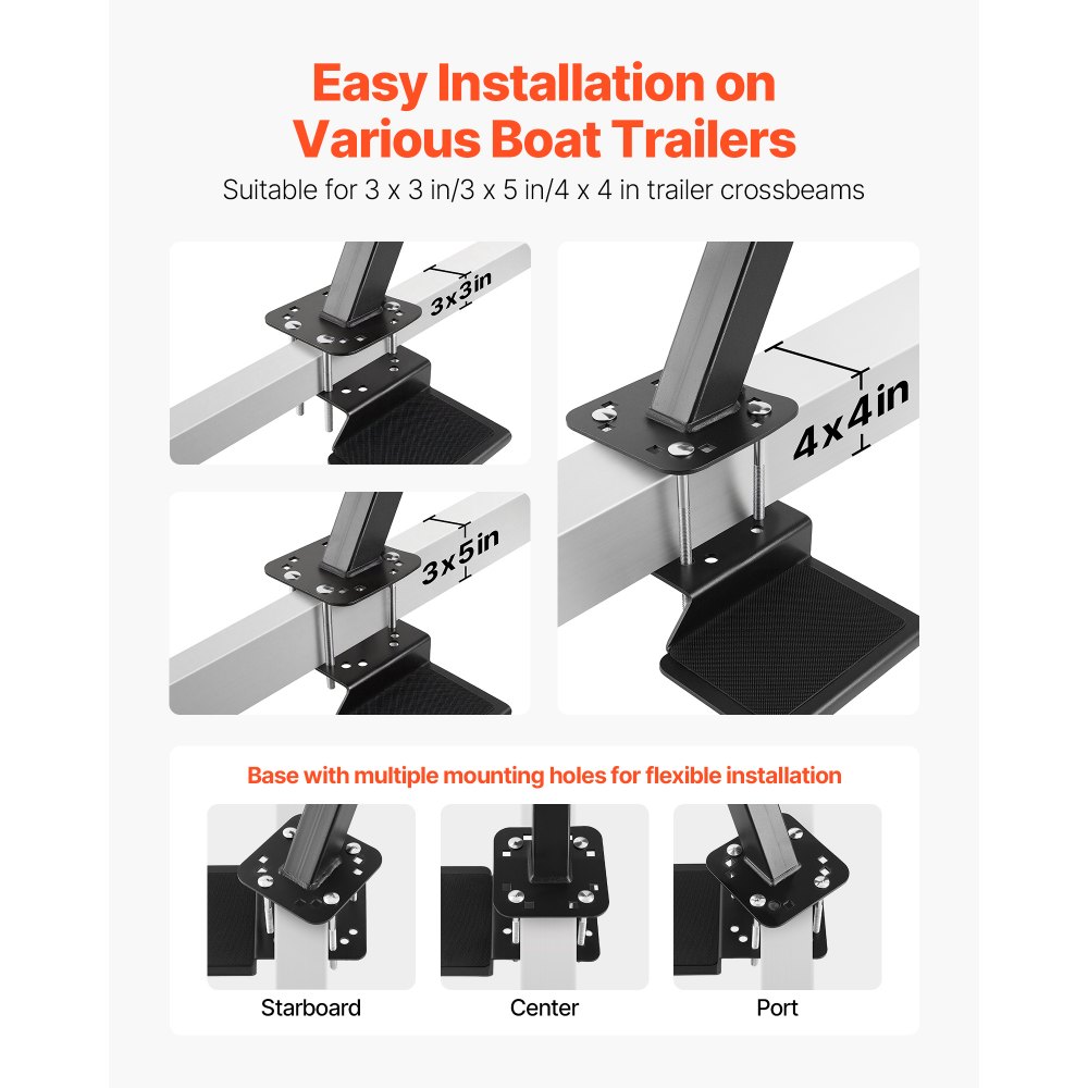 VEVOR Boat Trailer Steps, 3-Step, Heavy-Duty Boat Trailer Steps with Handle, Non-Slip Surface, 3 Mounting Angle Options, Steel Ladder for 76.2 x 76.2/76.2 x 127/101.6 x 101.6 mm Frame, Bottom Mounting