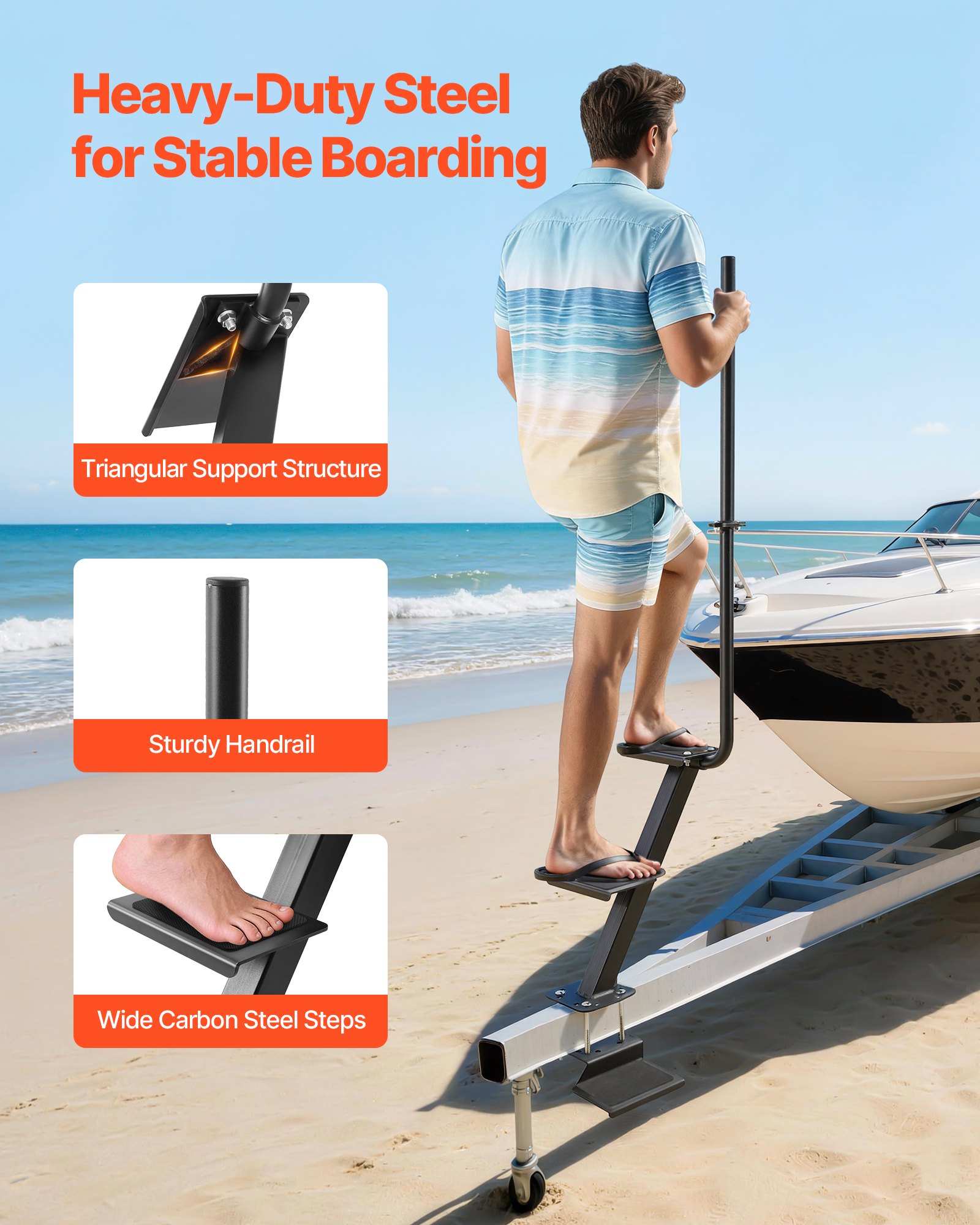 VEVOR Boat Trailer Steps, 3-Step, Heavy-Duty Boat Trailer Steps with Handle, Non-Slip Surface, 3 Mounting Angle Options, Steel Ladder for 76.2 x 76.2/76.2 x 127/101.6 x 101.6 mm Frame, Bottom Mounting