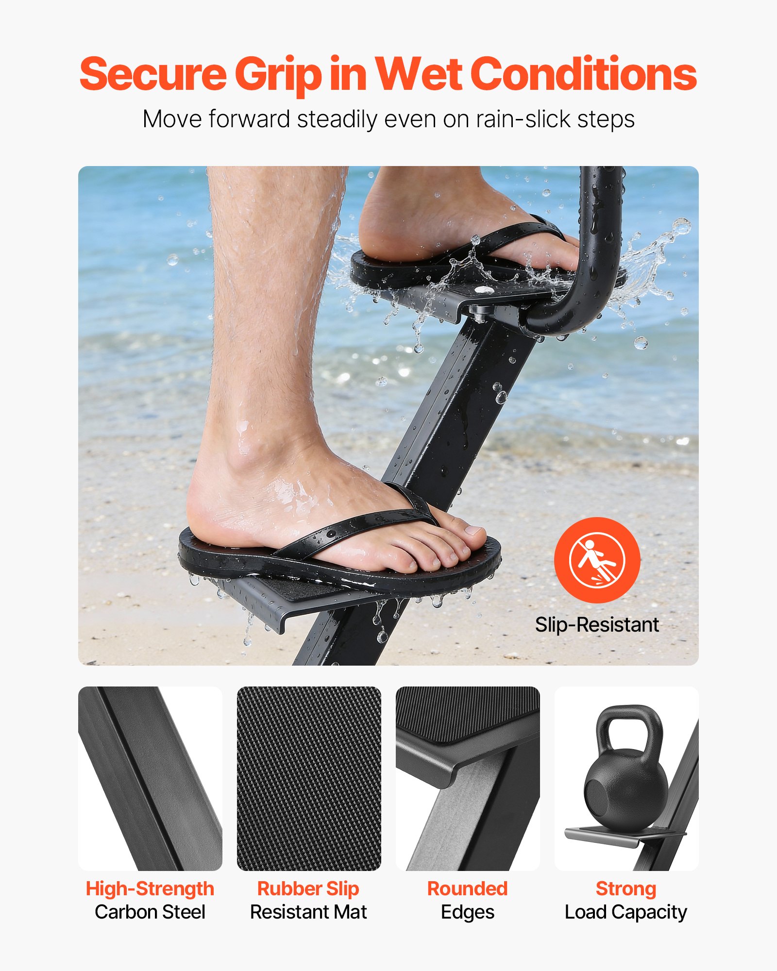 VEVOR Boat Trailer Steps, 3-Step, Heavy-Duty Boat Trailer Steps with Handle, Non-Slip Surface, 3 Mounting Angle Options, Steel Ladder for 76.2 x 76.2/76.2 x 127/101.6 x 101.6 mm Frame, Bottom Mounting