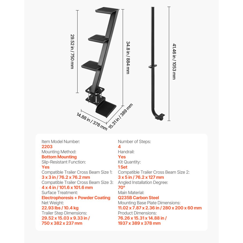 VEVOR Boat Trailer Steps, 4-Step, Heavy-Duty Boat Trailer Steps with Handle, Non-Slip Surface, 3 Mounting Angle Options, Steel Ladder for 76.2 x 76.2/76.2 x 127/101.6 x 101.6 mm Frame, Bottom Mounting