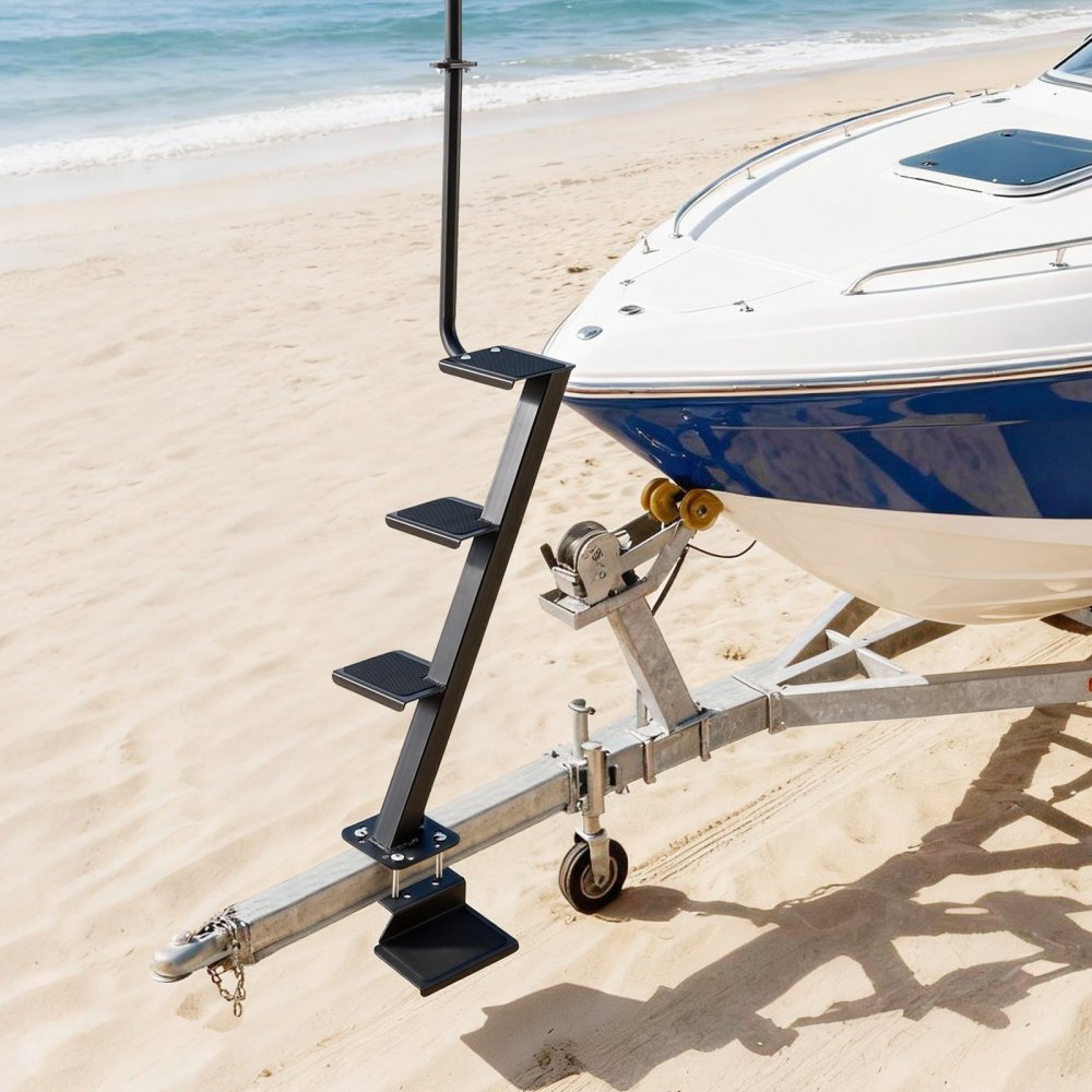 VEVOR Boat Trailer Steps, 4-Step, Heavy-Duty Boat Trailer Steps with Handle, Non-Slip Surface, 3 Mounting Angle Options, Steel Ladder for 76.2 x 76.2/76.2 x 127/101.6 x 101.6 mm Frame, Bottom Mounting