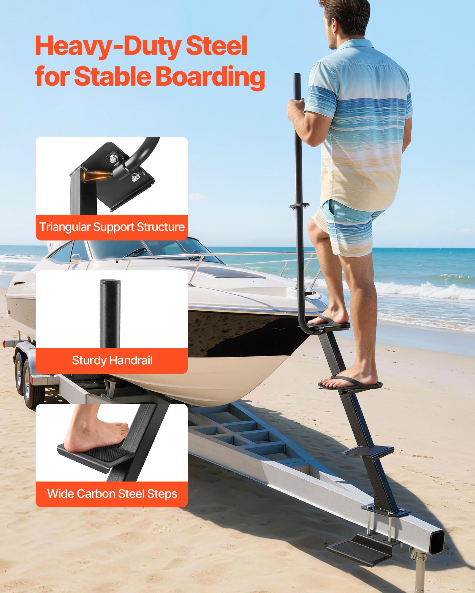 VEVOR Boat Trailer Steps, 4-Step, Heavy-Duty Boat Trailer Steps with Handle, Non-Slip Surface, 3 Mounting Angle Options, Steel Ladder for 76.2 x 76.2/76.2 x 127/101.6 x 101.6 mm Frame, Bottom Mounting