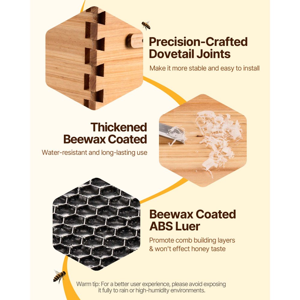 VEVOR Bienenstock-Starterset mit tiefer Box, 100 % mit Bienenwachs beschichtetes natürliches Tannenholz, Zander Beute mit 10 Rahmen und Fundamenten, transparente Bienenfenster aus Acryl