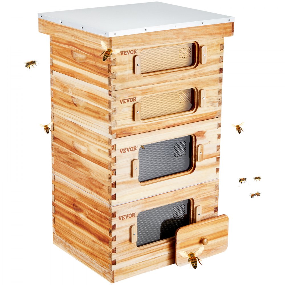 VEVOR Bienenstock-Set aus Naturholz mit Bienenaktivität rund um den Bienenstock.