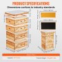 Produktabmessungen und Spezifikationen des VEVOR-Bienenstock-Bausatzes mit detaillierten Maßangaben für jede Komponente.