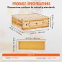 Spezifikationen des VEVOR-Bienenstock-Bausatzes, Modell fx1 mit 10 Rahmen, 5,6 kg/12,34 lbs Gewicht und Abmessungen.