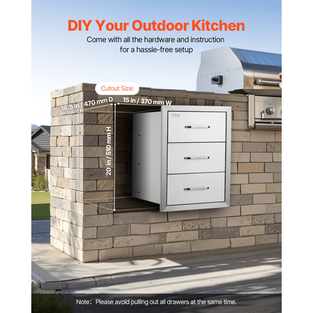 VEVOR Outdoor-Küchenschubladen flächenbündig montierte Grillschubladen mit dreifachem Zugriff und Edelstahlgriff, Grillinselschubladen für Außenküchen oder Grillinsel-Terrasse 400 x 450 x 450 mm