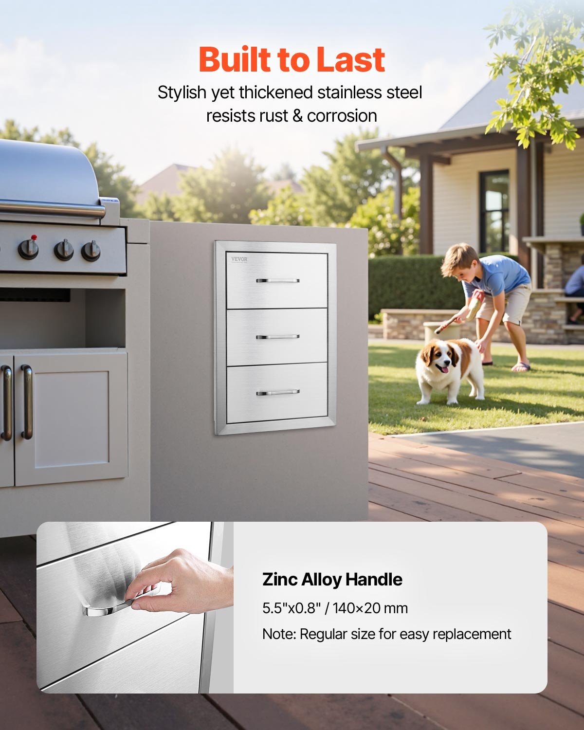 VEVOR Outdoor-Küchenschubladen flächenbündig montierte Grillschubladen mit dreifachem Zugriff und Edelstahlgriff, Grillinselschubladen für Außenküchen oder Grillinsel-Terrasse 400 x 450 x 450 mm