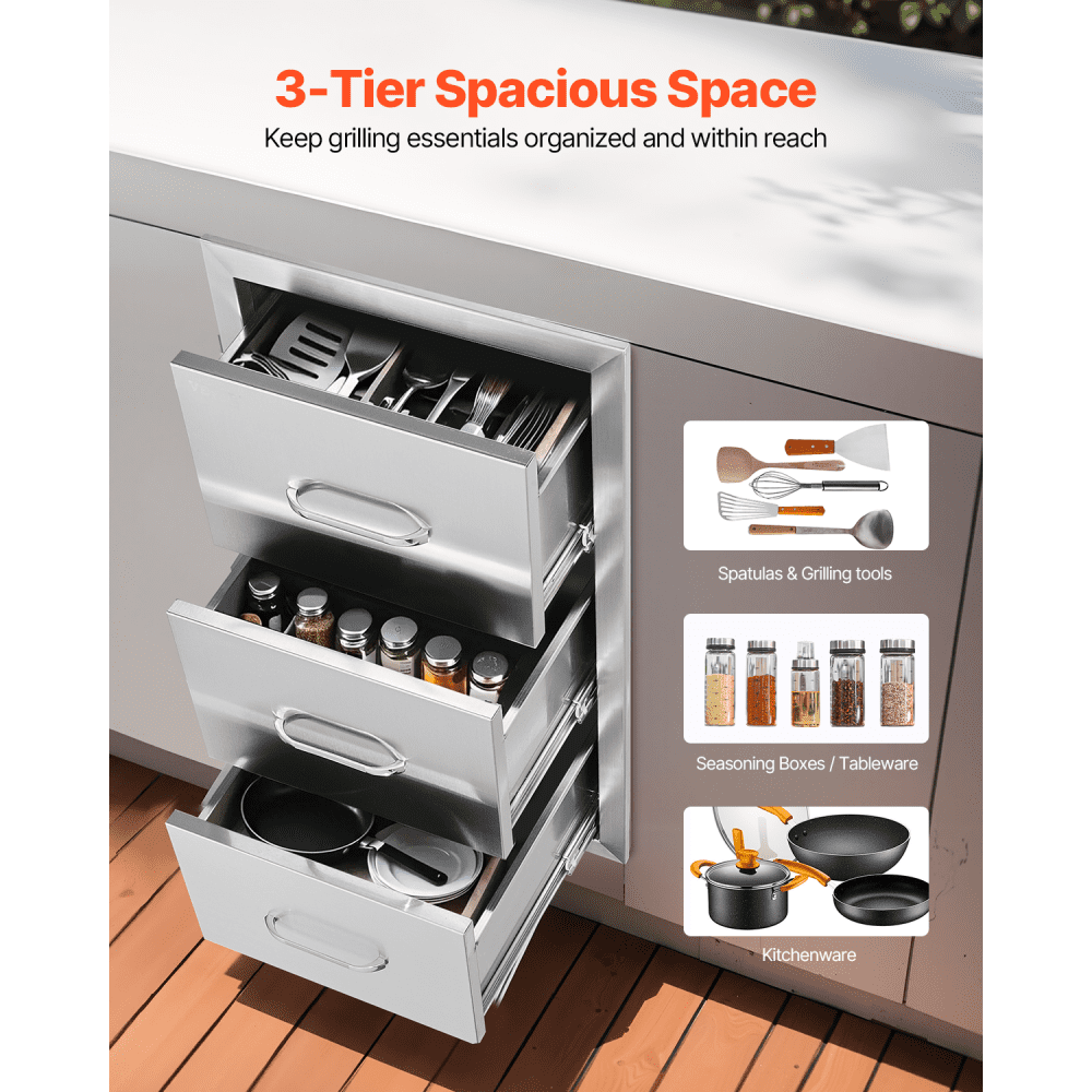 VEVOR Outdoor-Küchenschubladen 16" B x 28,5" H x 20,5" T, Unterputz-Grillschubladen aus Edelstahl mit dreifachem Zugriff und Griff, Grillinselschubladen für Außenküchen oder Terrassen-Grillstationen