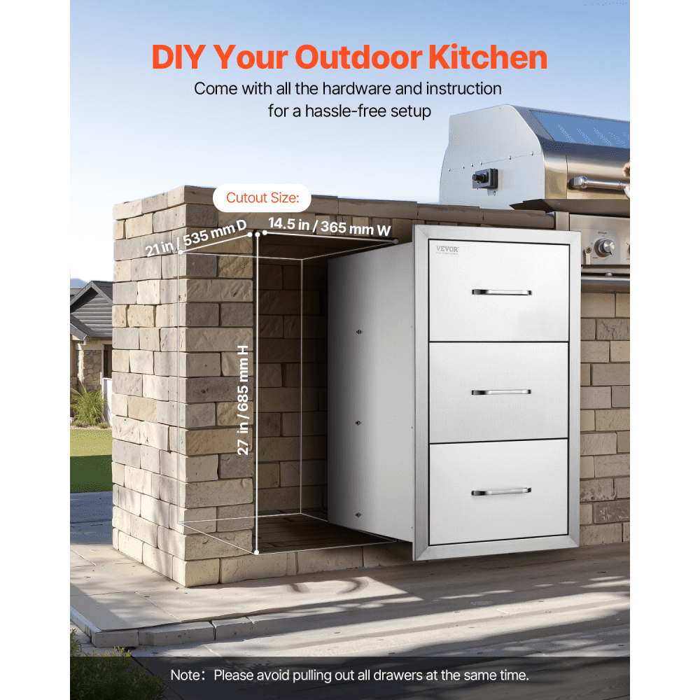 VEVOR Outdoor-Küchenschubladen 16" B x 28,5" H x 20,5" T, Unterputz-Grillschubladen aus Edelstahl mit dreifachem Zugriff und Griff, Grillinselschubladen für Außenküchen oder Terrassen-Grillstationen