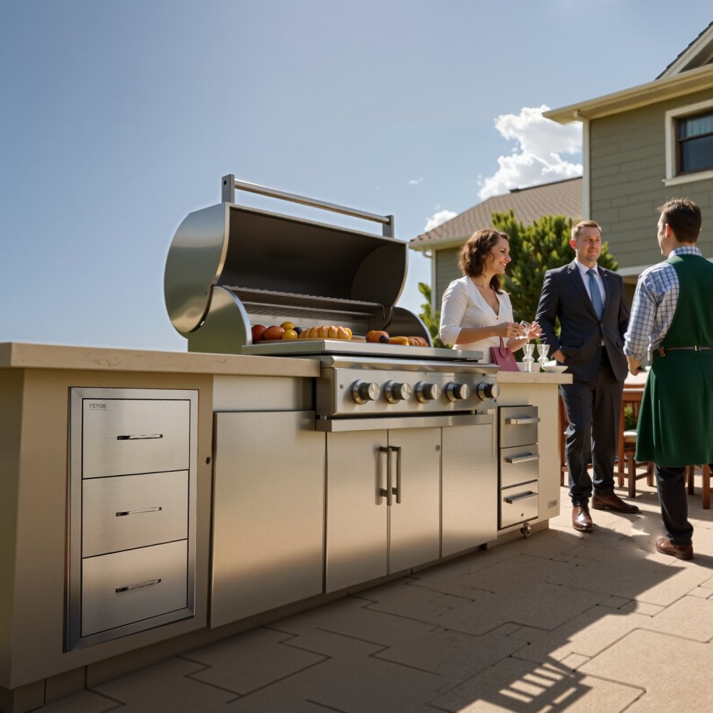VEVOR Outdoor-Küchenschubladen 16" B x 28,5" H x 20,5" T, Unterputz-Grillschubladen aus Edelstahl mit dreifachem Zugriff und Griff, Grillinselschubladen für Außenküchen oder Terrassen-Grillstationen