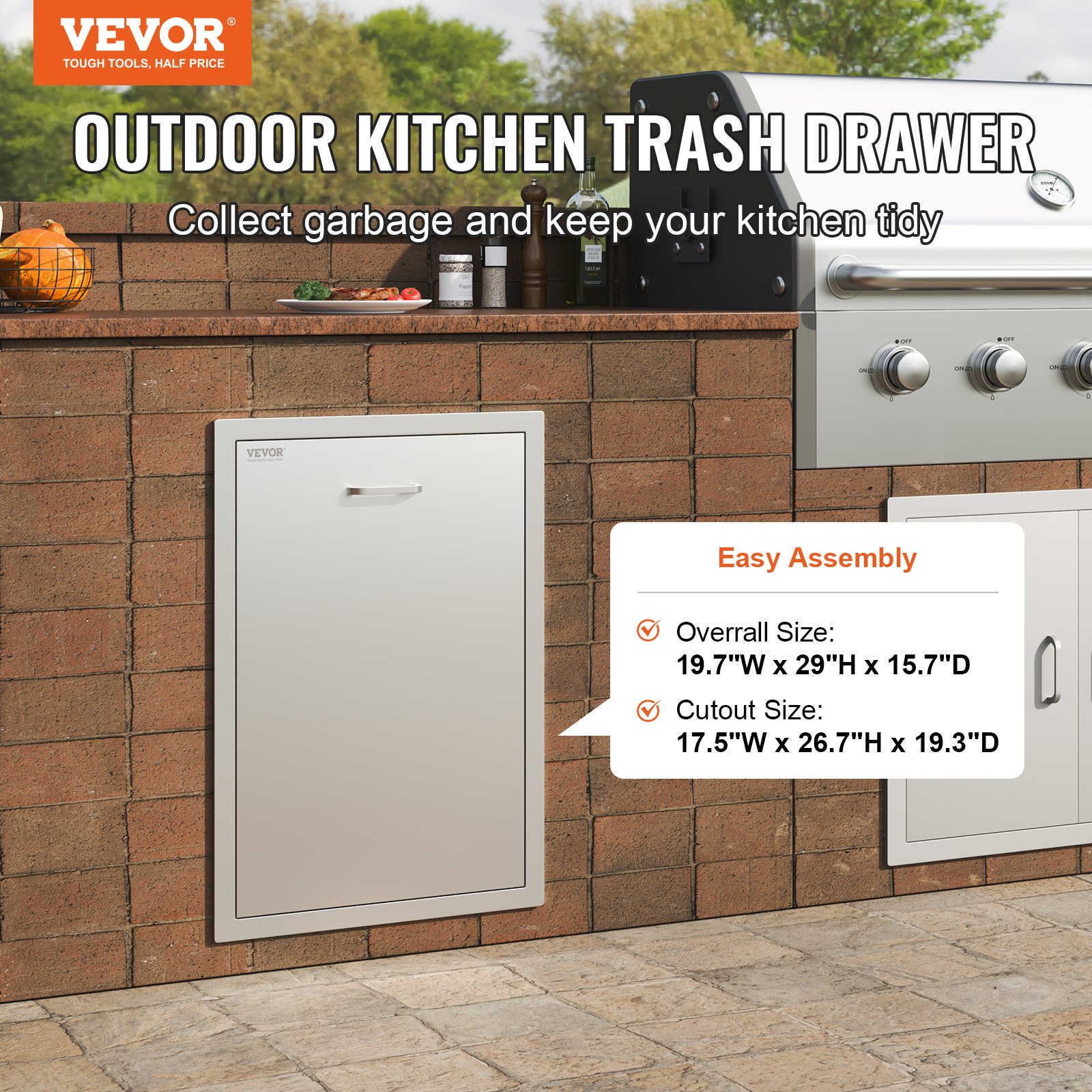 VEVOR Schranktüren  82,3 cm x 54,9 cm x 40,6 cm, Kindersicherung Schranktüren aus Edelstahl, Wasserdichter und Rostfreier Schubladenschrank mit Gleitschienen, Praktischem Griff und Müllsackhalterung