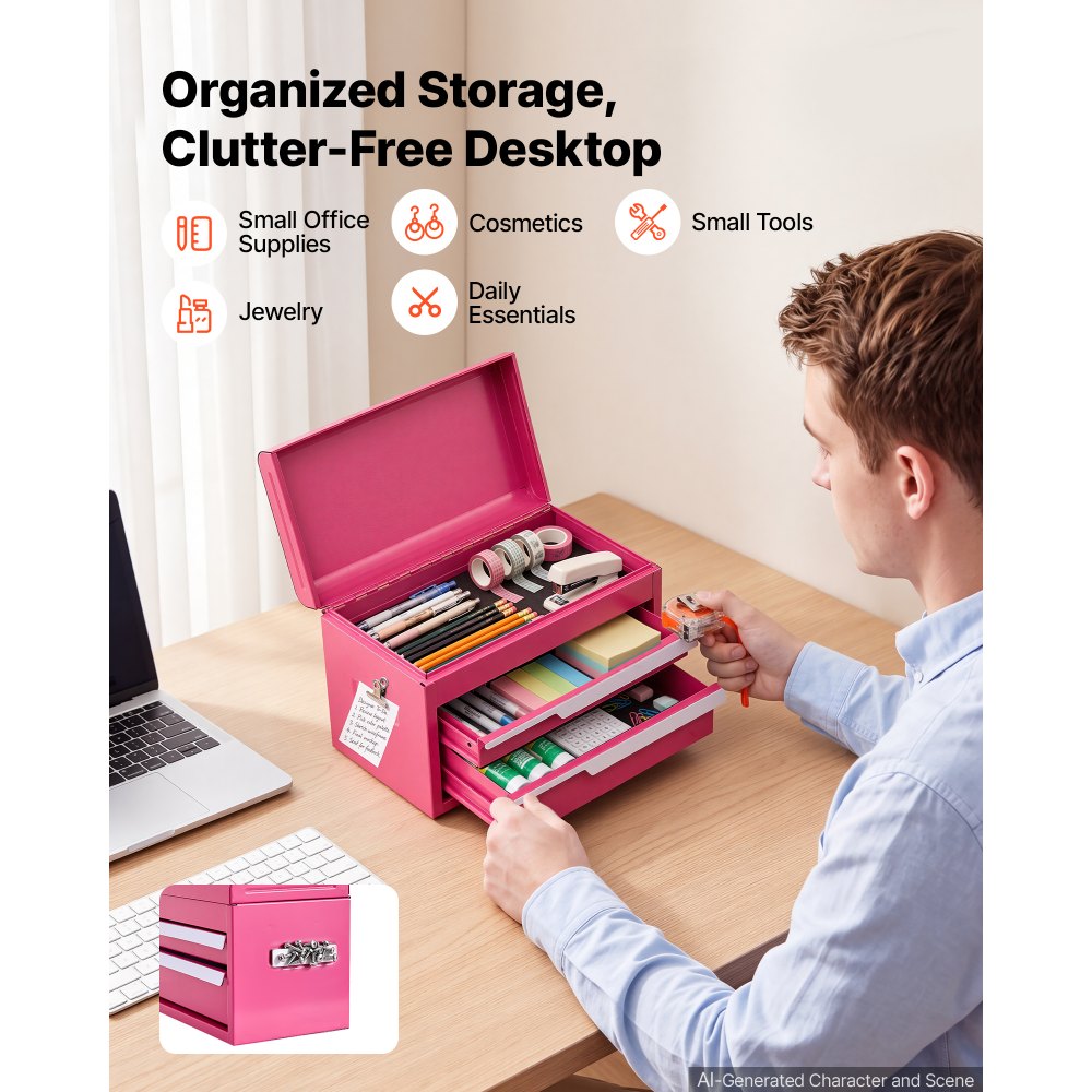 VEVOR Werkzeugkasten mit 2 Schubladen Tragbarer Stahl-Werkzeugkoffer Rosa, Stapelbare Werkzeugbox für Werkstatt Garage Büro & Zuhause, 280x150x180mm, mit Oberem Ablagefach Schutzeinlagen & Magneten