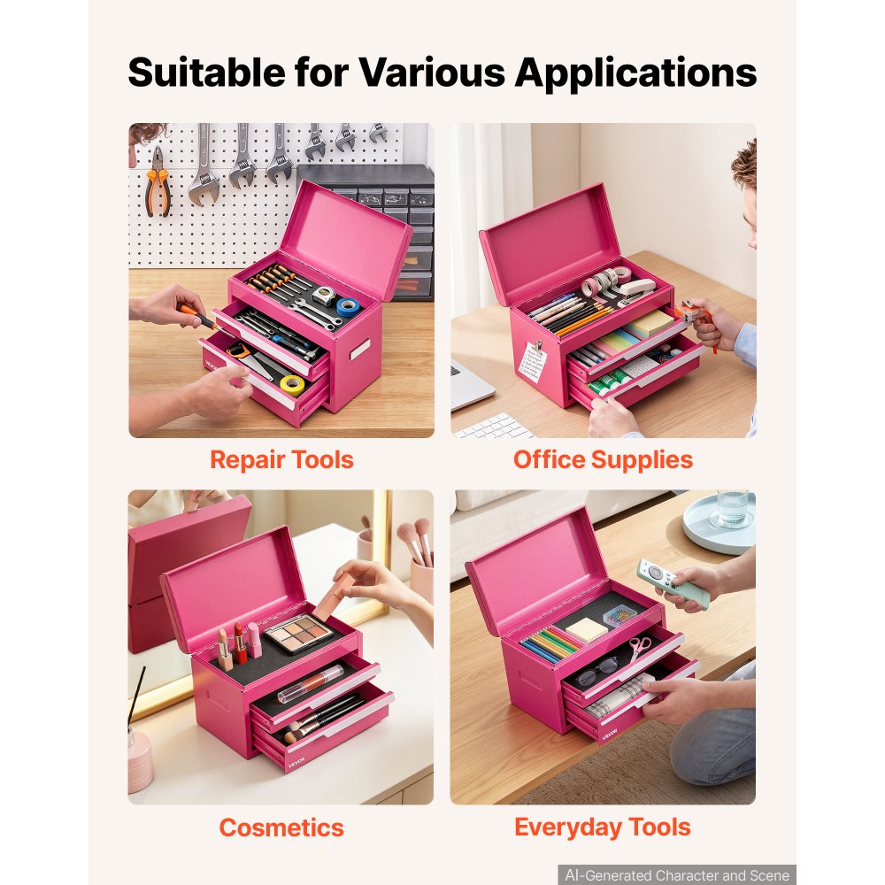 VEVOR Werkzeugkasten mit 2 Schubladen Tragbarer Stahl-Werkzeugkoffer Rosa, Stapelbare Werkzeugbox für Werkstatt Garage Büro & Zuhause, 280x150x180mm, mit Oberem Ablagefach Schutzeinlagen & Magneten