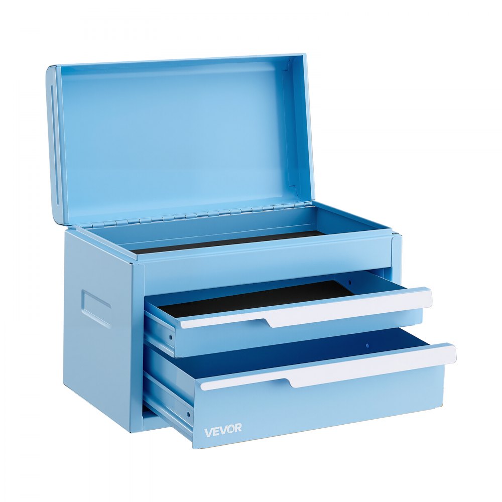 VEVOR Werkzeugkasten mit 2 Schubladen Tragbarer Stahl-Werkzeugkoffer Blau, Stapelbare Werkzeugbox für Werkstatt Garage Büro & Zuhause, 280x150x180mm, mit Oberem Ablagefach, Schutzeinlagen & Magneten