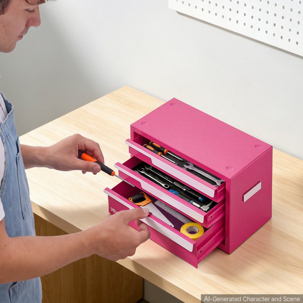 VEVOR Werkzeugkasten mit 3 Schubladen Tragbarer Metall-Werkzeugkoffer Rosa, Werkzeugkiste zur Aufbewahrung für Werkstatt Garage Büro Zuhause, Stahlrahmen, 280x150x166mm, mit Schutzeinlagen & Magneten