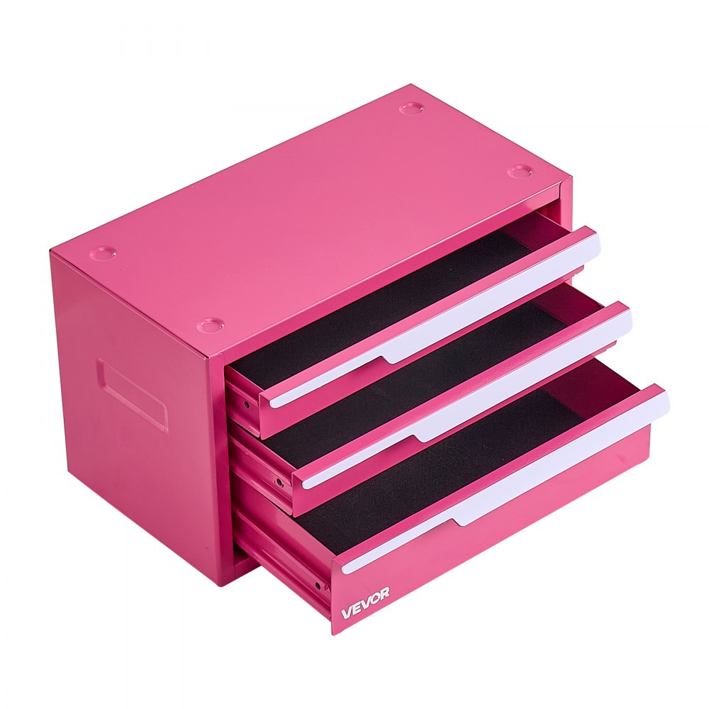VEVOR Werkzeugkasten mit 3 Schubladen Tragbarer Metall-Werkzeugkoffer Rosa, Werkzeugkiste zur Aufbewahrung für Werkstatt Garage Büro Zuhause, Stahlrahmen, 280x150x166mm, mit Schutzeinlagen & Magneten