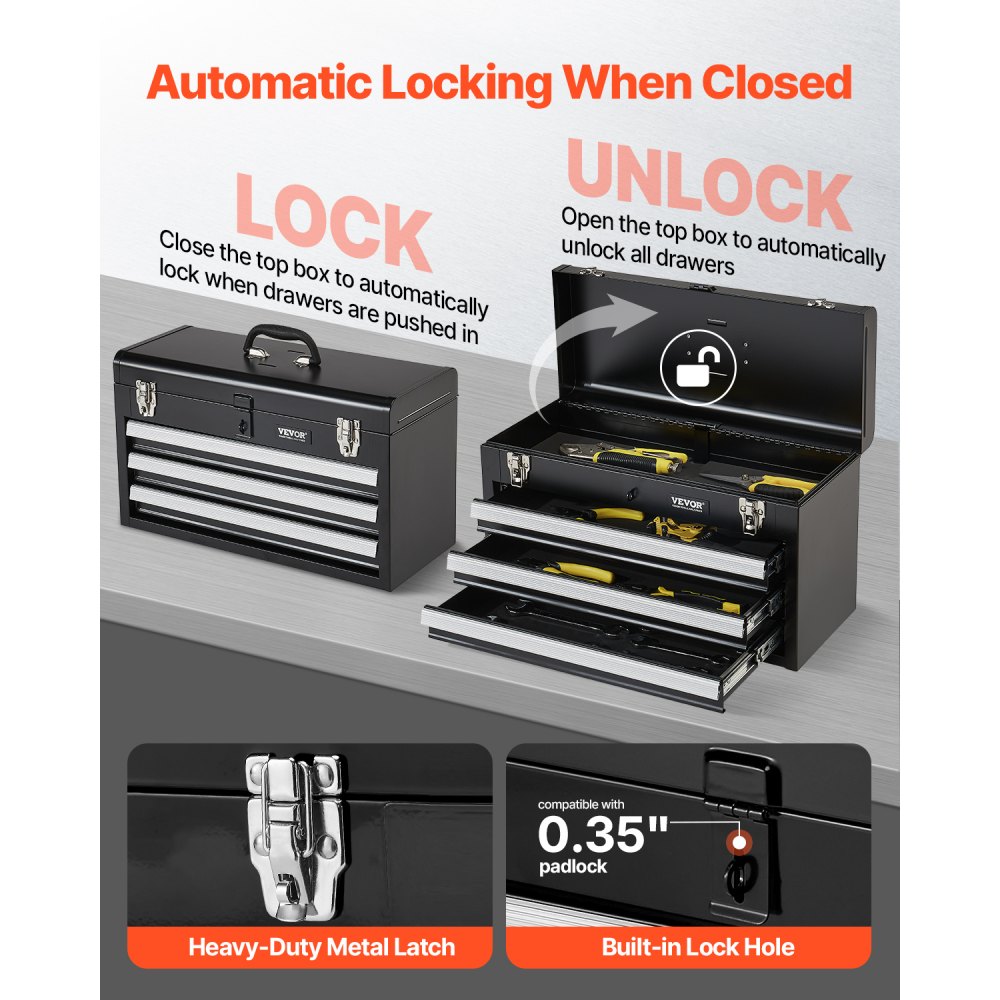 VEVOR Werkzeugkiste 520x218x304mm, Werkzeugkasten mit 3 Schubladen, Werkzeugkoffer mit EVA-Einlagen, Schubladenverriegelung mit Kugellagern und Pulverbeschichtung, multifunktionaler Werkzeug-Organizer