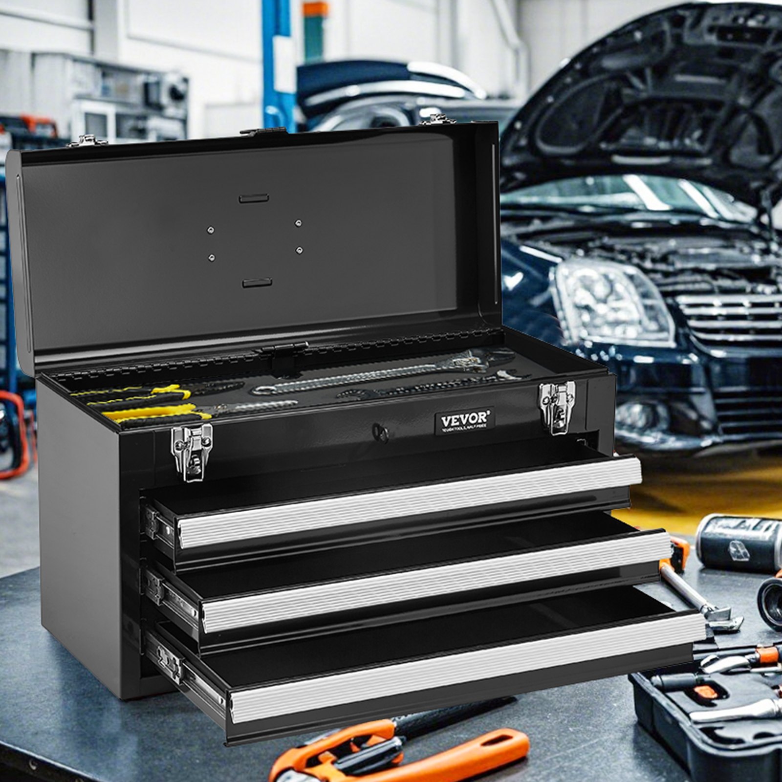 VEVOR Tool Box 520x218x304mm, Tool Box with 3 Drawers, Tool Case with EVA Inserts, Drawer Lock with Ball Bearings and Powder Coating, Multifunctional Tool Organizer