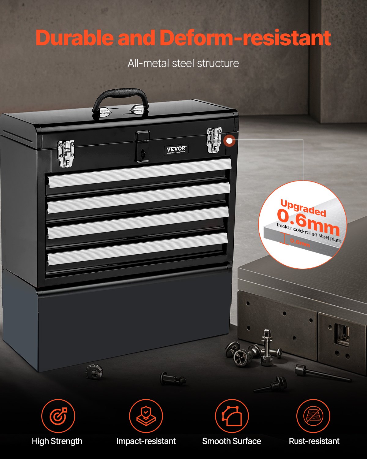 VEVOR Tool Box 520x218x361 mm, Tool Chest with 4 Drawers, Tool Case with EVA Inserts, Drawer Lock with Ball Bearings & Powder Coating, Multifunctional Tool Organizer