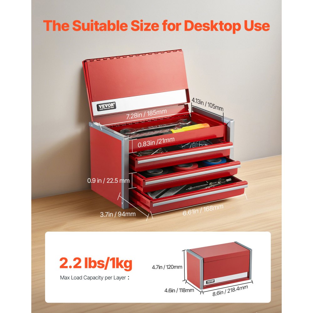 VEVOR Tool Box 218.4 x 118 x 120 mm, Tool Chest with 3 Drawers, Tool Case with EVA Inserts and PP Foot Pads, Robust Steel with Ball Bearing Opening and Powder Coating, Red