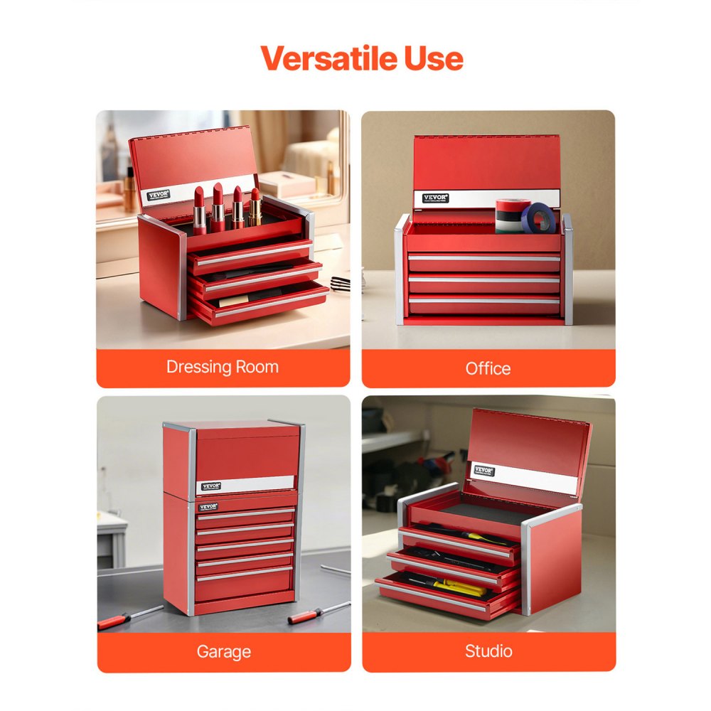 VEVOR Tool Box 218.4 x 118 x 120 mm, Tool Chest with 3 Drawers, Tool Case with EVA Inserts and PP Foot Pads, Robust Steel with Ball Bearing Opening and Powder Coating, Red