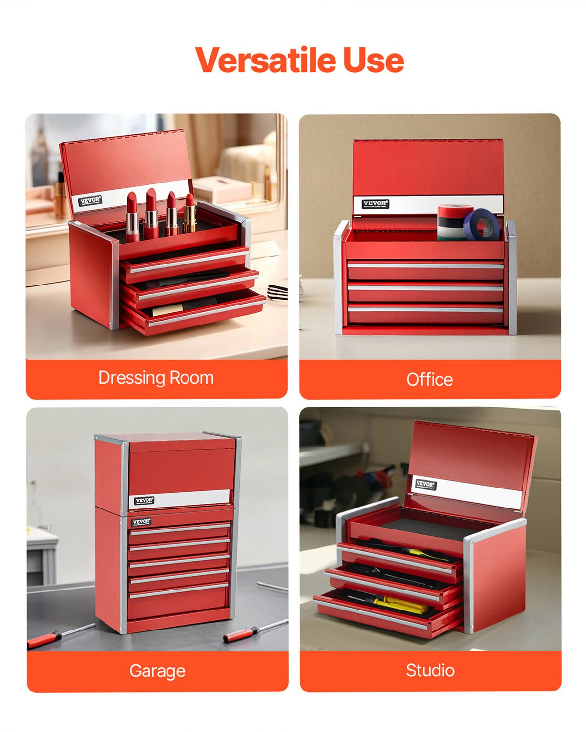 VEVOR Tool Box 218.4 x 118 x 120 mm, Tool Chest with 3 Drawers, Tool Case with EVA Inserts and PP Foot Pads, Robust Steel with Ball Bearing Opening and Powder Coating, Red